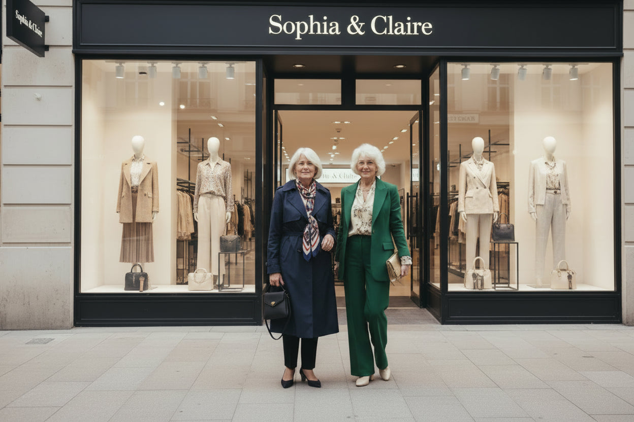 Elderly Woman in a navy suit standing in a clothing store with 'Sophia & Claire' branding. 
